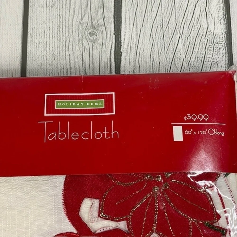 Holiday Home Christmas Poinsettia Holly Tablecloth 60